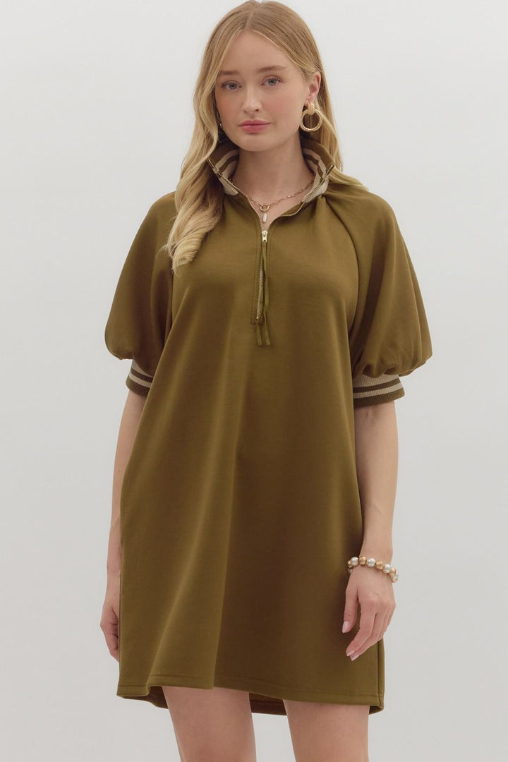 Solid Knit Mini Dress W/Zip Neck - Lush Lemon - Women's Clothing - Entro - 89597661618333