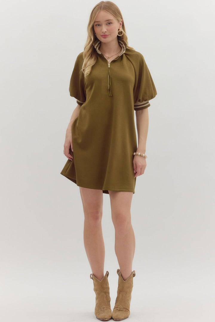 Solid Knit Mini Dress W/Zip Neck - Lush Lemon - Women's Clothing - Entro - 89597661618333