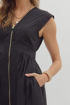 Solid Zip Front Midi Dress W/Cap Sleeve - Lush Lemon - Women&
