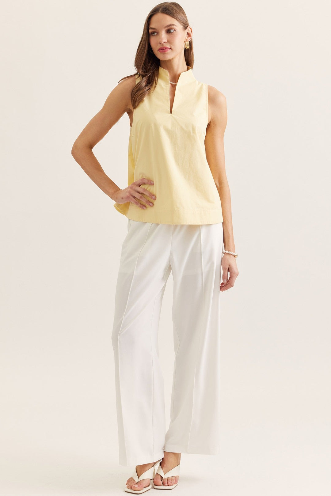 Split Neck Sleeveless Top - Lush Lemon - Women's Clothing - Entro - 69296681614557