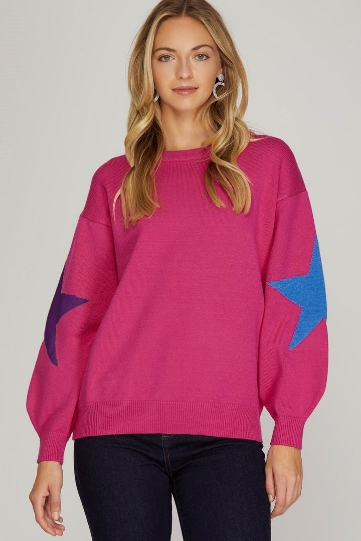Star Sleeve Sweater Top - Lush Lemon - Women's Clothing - She + Sky - 53067871316285