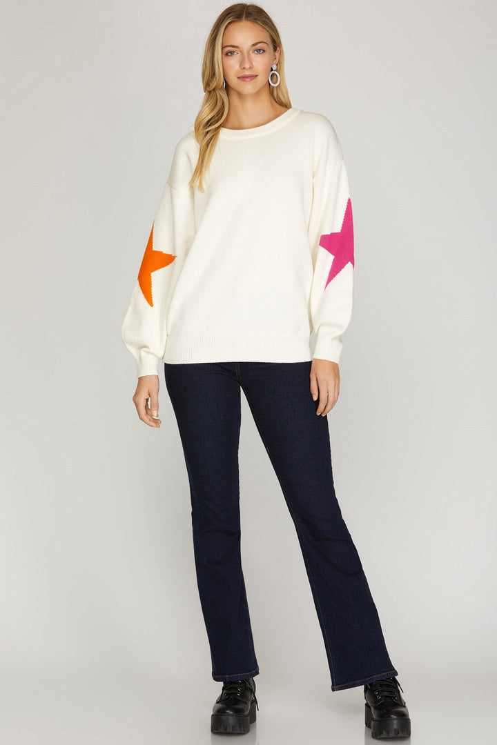 Star Sleeve Sweater Top - Lush Lemon - Women's Clothing - She + Sky - 53067871316285