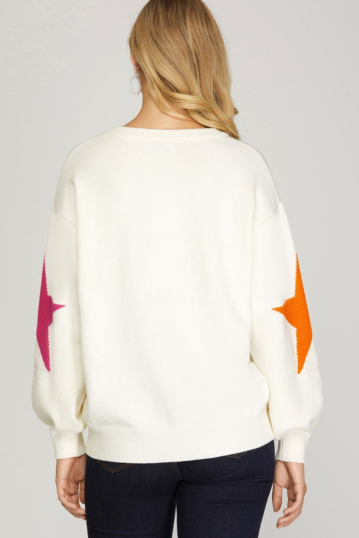 Star Sleeve Sweater Top - Lush Lemon - Women's Clothing - She + Sky - 53067871316285