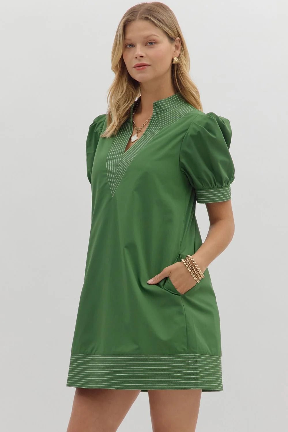 Stitch Trim Puff Sleeve Mini Dress - Lush Lemon - Women's Clothing - Entro - 38205971038557