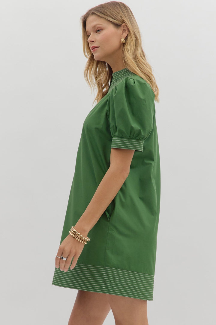 Stitch Trim Puff Sleeve Mini Dress - Lush Lemon - Women's Clothing - Entro - 38205971038557