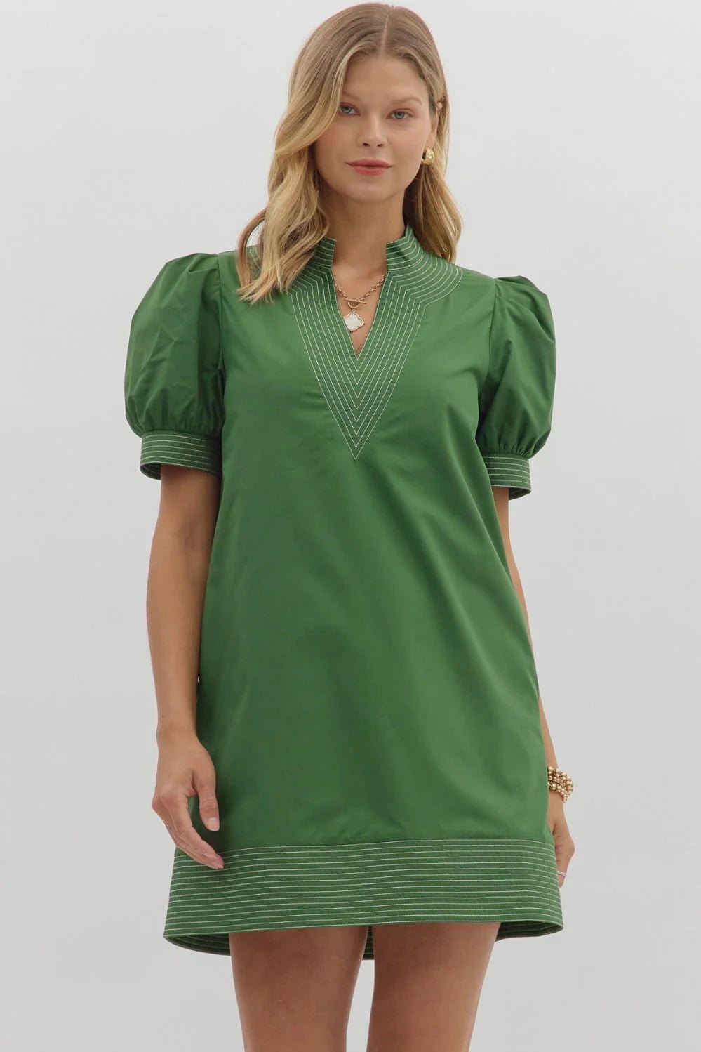 Stitch Trim Puff Sleeve Mini Dress - Lush Lemon - Women's Clothing - Entro - 38205971038557