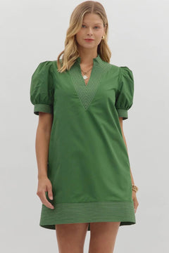 Stitch Trim Puff Sleeve Mini Dress - Lush Lemon - Women&