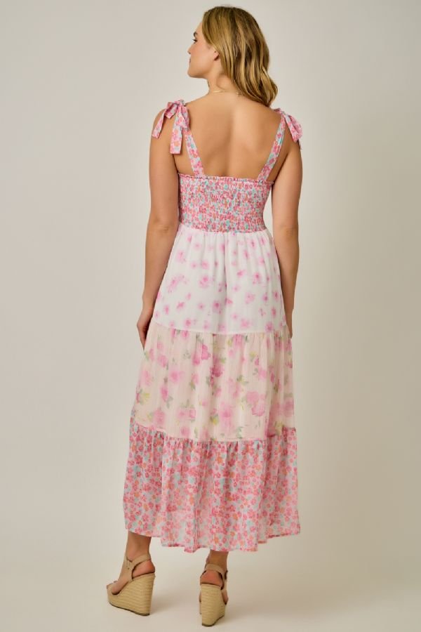 Strap Tie Mixed Print Midi Dress - Lush Lemon - Women's Clothing - Mystree - 32448221070941