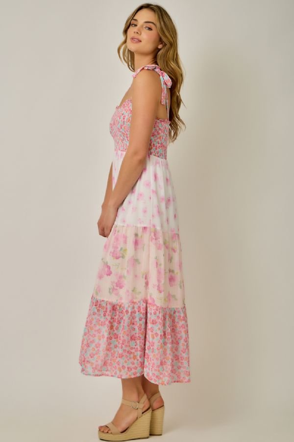Strap Tie Mixed Print Midi Dress - Lush Lemon - Women's Clothing - Mystree - 32448221070941