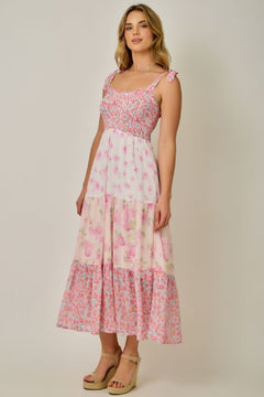 Strap Tie Mixed Print Midi Dress - Lush Lemon - Women&