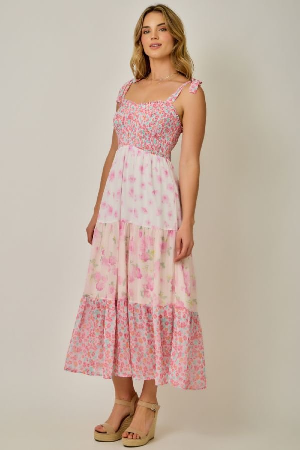 Strap Tie Mixed Print Midi Dress - Lush Lemon - Women's Clothing - Mystree - 32448221070941