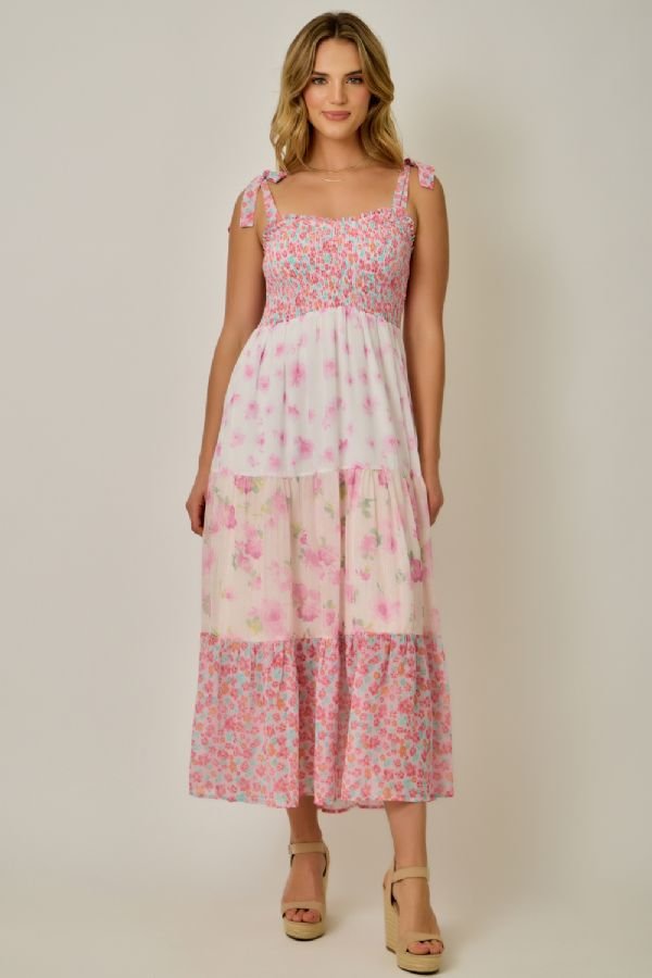 Strap Tie Mixed Print Midi Dress - Lush Lemon - Women's Clothing - Mystree - 32448221070941