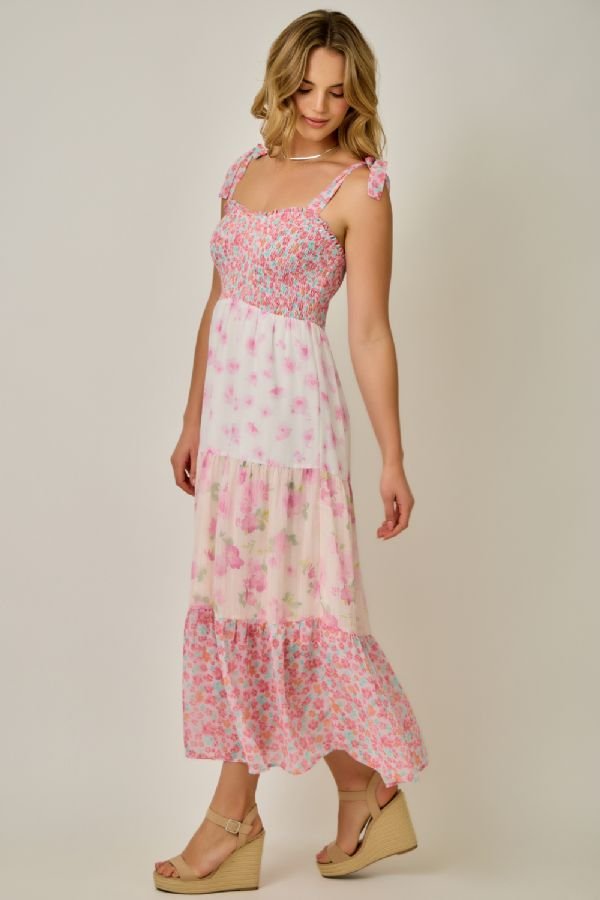 Strap Tie Mixed Print Midi Dress - Lush Lemon - Women's Clothing - Mystree - 32448221070941