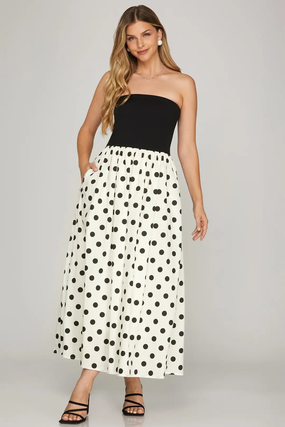 Strapless Polka Dot Midi Dress - Lush Lemon - Women's Clothing - She + Sky - 88279481076445
