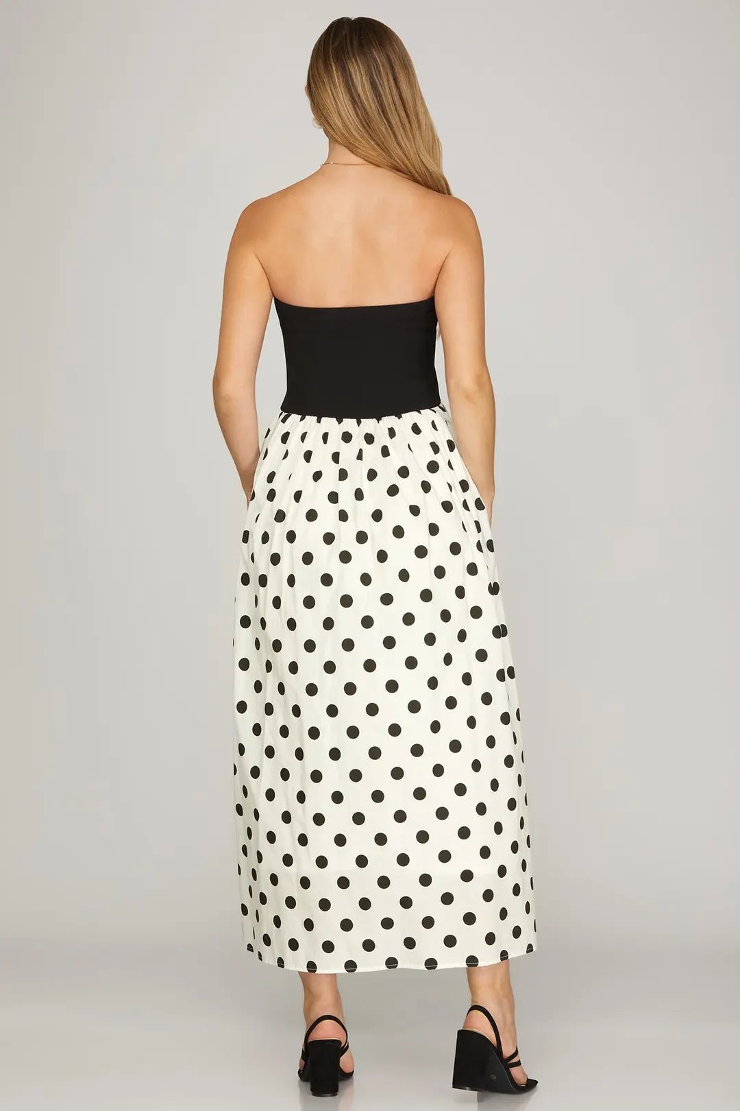 Strapless Polka Dot Midi Dress - Lush Lemon - Women's Clothing - She + Sky - 88279481076445
