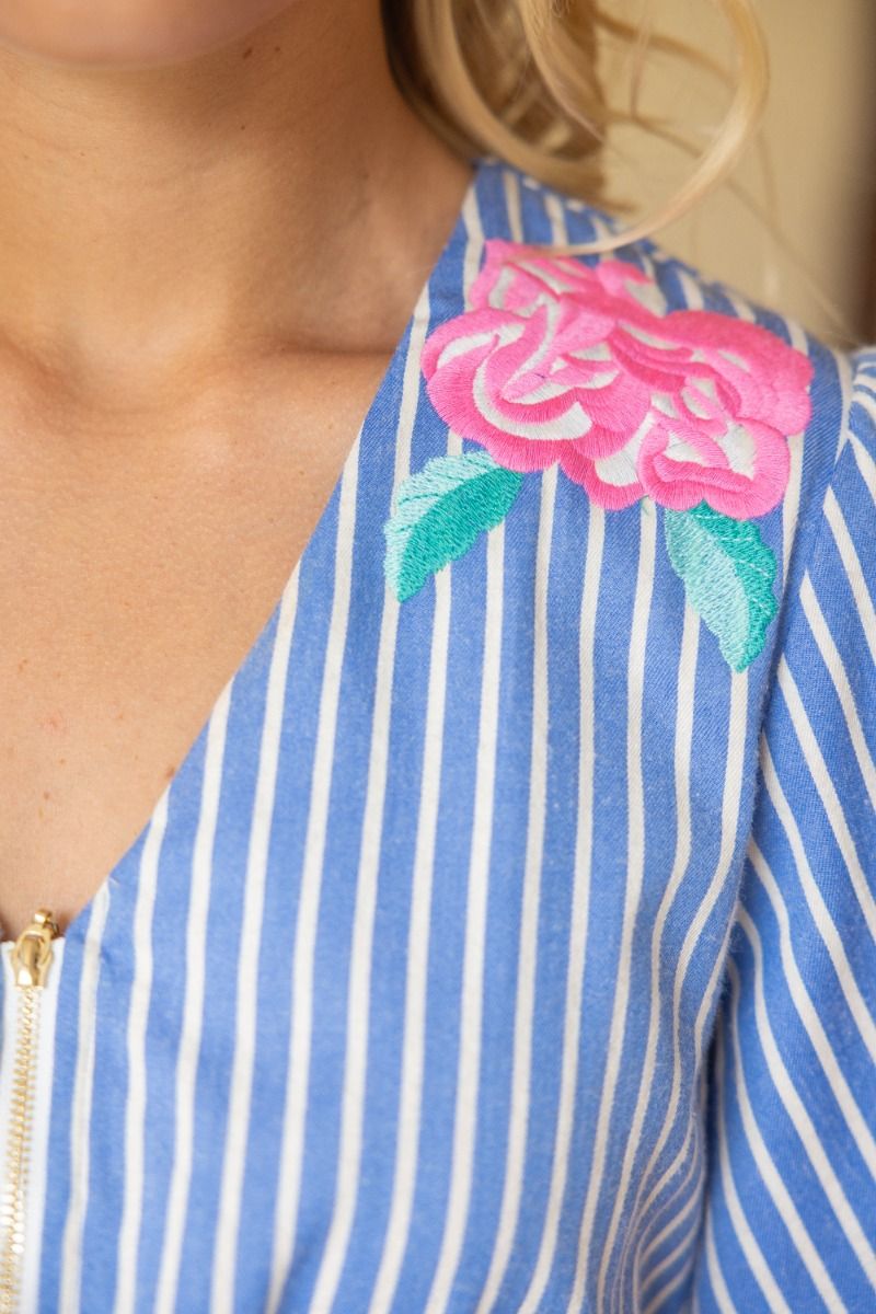 Stripe Floral Embroidered Peplum Top - Lush Lemon - Women's Clothing - Voy - 97582481099581