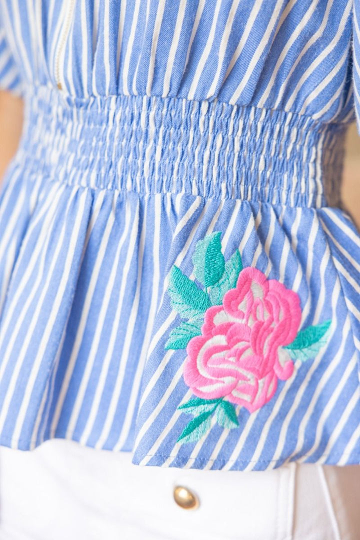 Stripe Floral Embroidered Peplum Top - Lush Lemon - Women's Clothing - Voy - 97582481099581