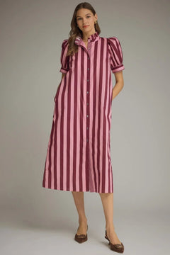 Stripe Ruffle Neck Midi Dress - Lush Lemon - Women&