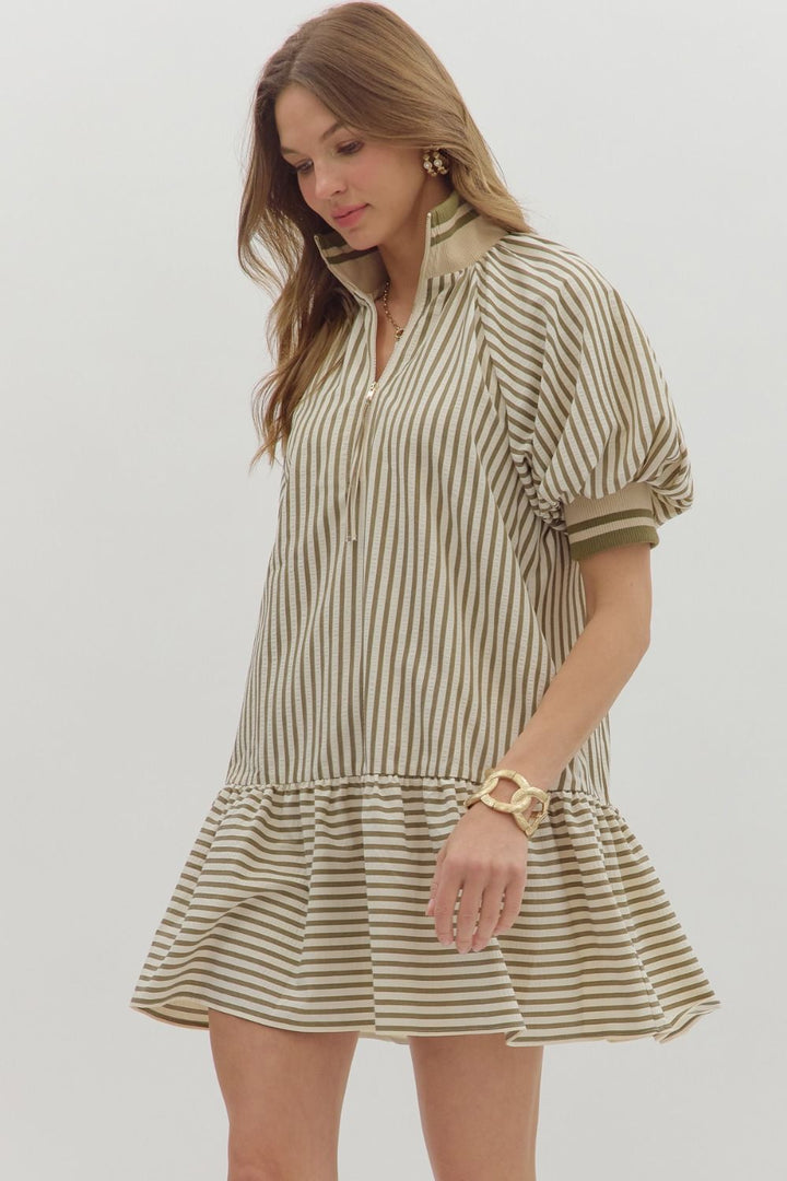 Stripe Ruffle Zip Mini Dress W/Bubble Sleeve - Lush Lemon - Women's Clothing - Entro - 80548831037917