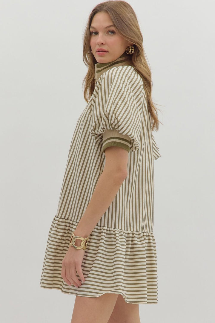 Stripe Ruffle Zip Mini Dress W/Bubble Sleeve - Lush Lemon - Women's Clothing - Entro - 80548831037917