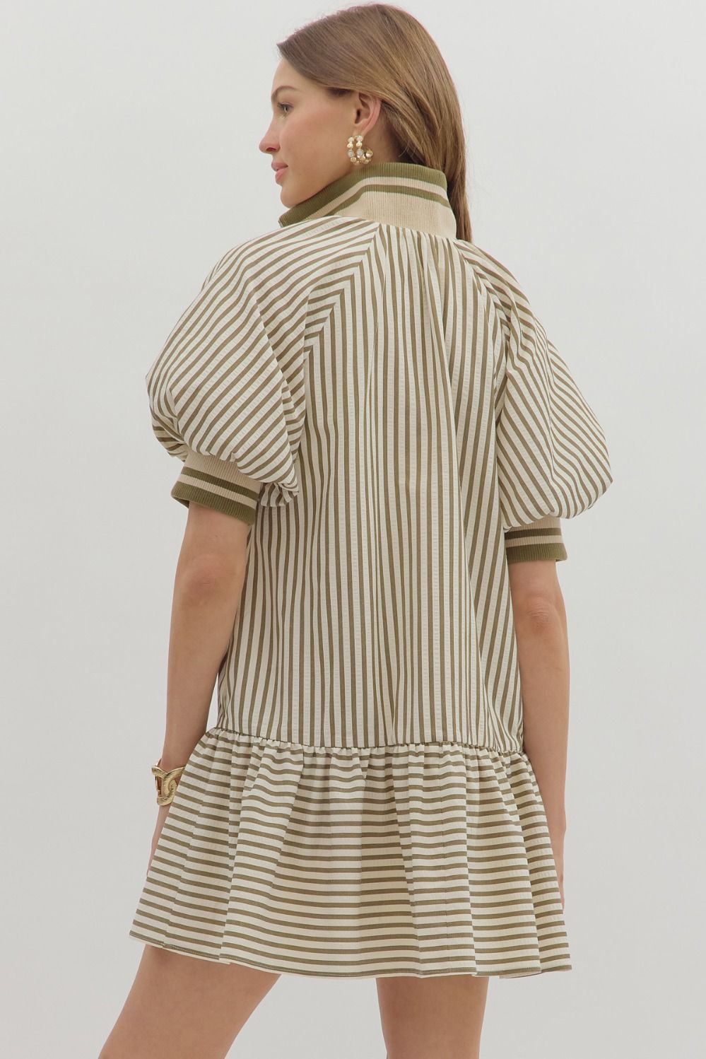 Stripe Ruffle Zip Mini Dress W/Bubble Sleeve - Lush Lemon - Women's Clothing - Entro - 80548831037917