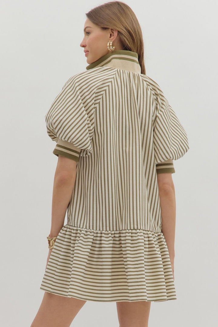 Stripe Ruffle Zip Mini Dress W/Bubble Sleeve - Lush Lemon - Women's Clothing - Entro - 80548831037917