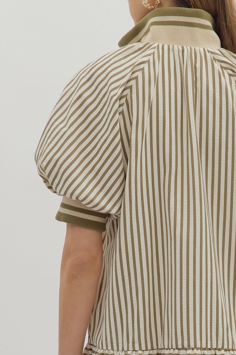 Stripe Ruffle Zip Mini Dress W/Bubble Sleeve - Lush Lemon - Women's Clothing - Entro - 80548831037917