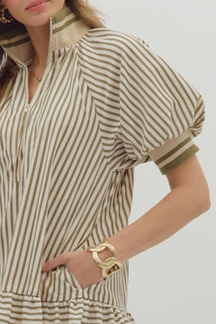 Stripe Ruffle Zip Mini Dress W/Bubble Sleeve - Lush Lemon - Women&
