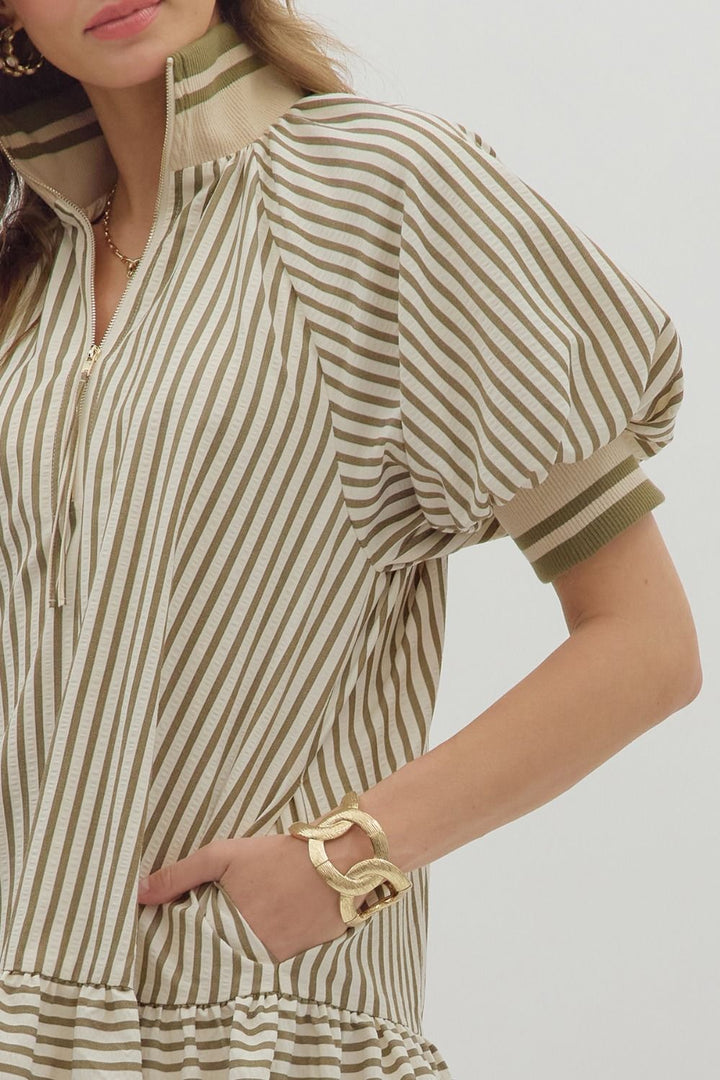 Stripe Ruffle Zip Mini Dress W/Bubble Sleeve - Lush Lemon - Women's Clothing - Entro - 80548831037917