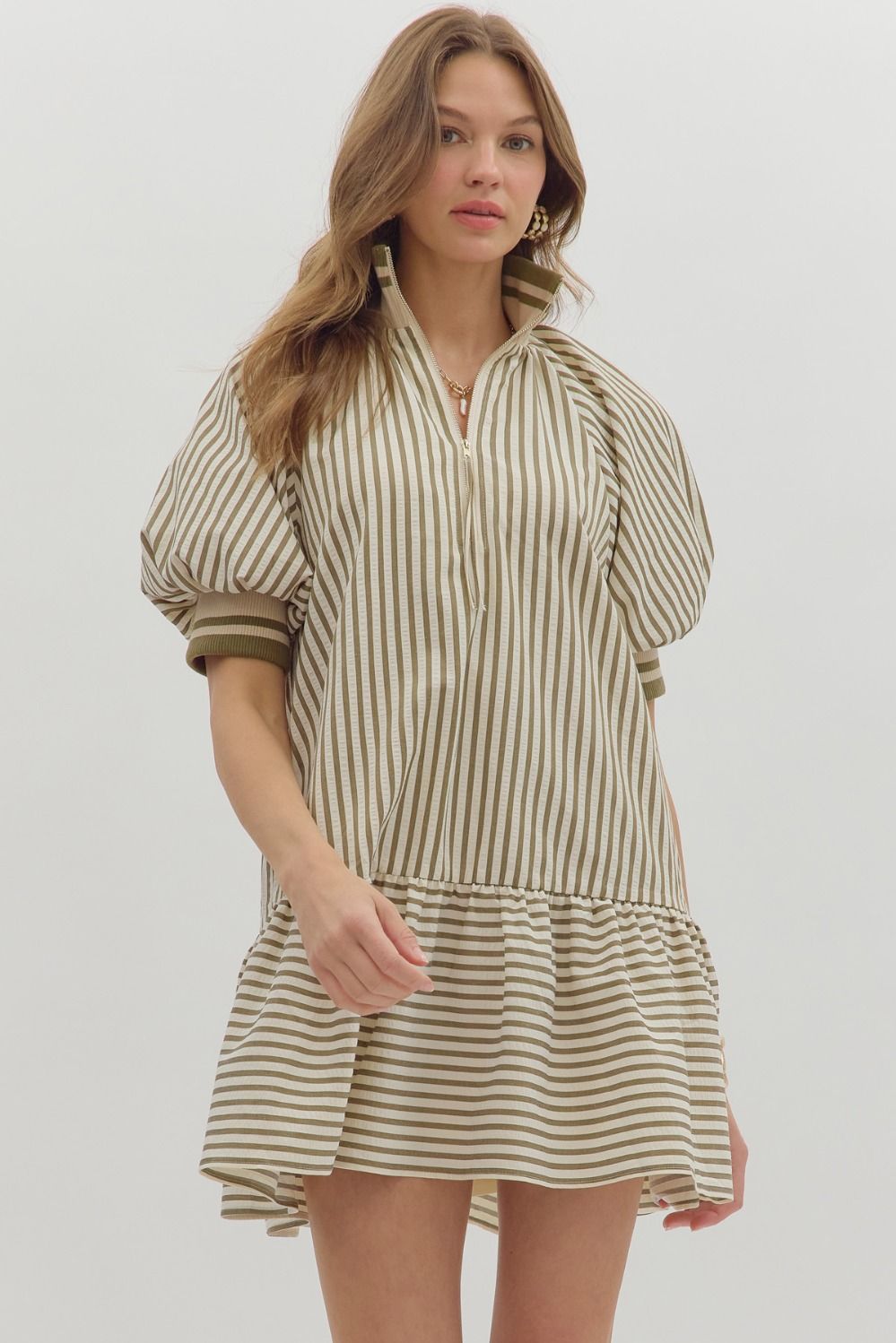 Stripe Ruffle Zip Mini Dress W/Bubble Sleeve - Lush Lemon - Women's Clothing - Entro - 80548831037917