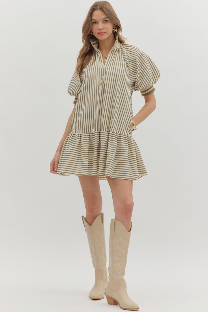Stripe Ruffle Zip Mini Dress W/Bubble Sleeve - Lush Lemon - Women's Clothing - Entro - 80548831037917