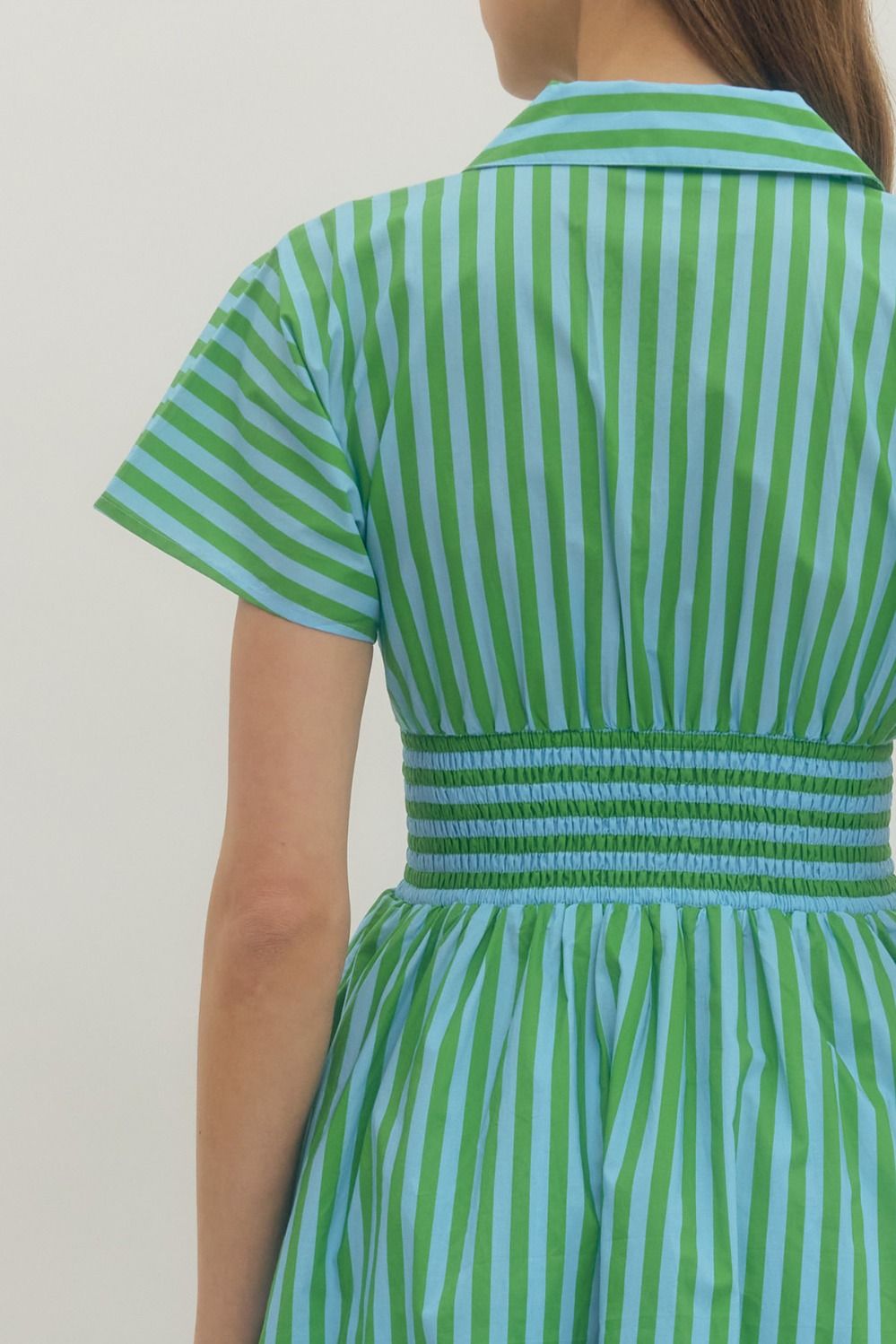 Stripe Smocked Waist Midi Dress - Lush Lemon - Women's Clothing - Entro - 83994421023037