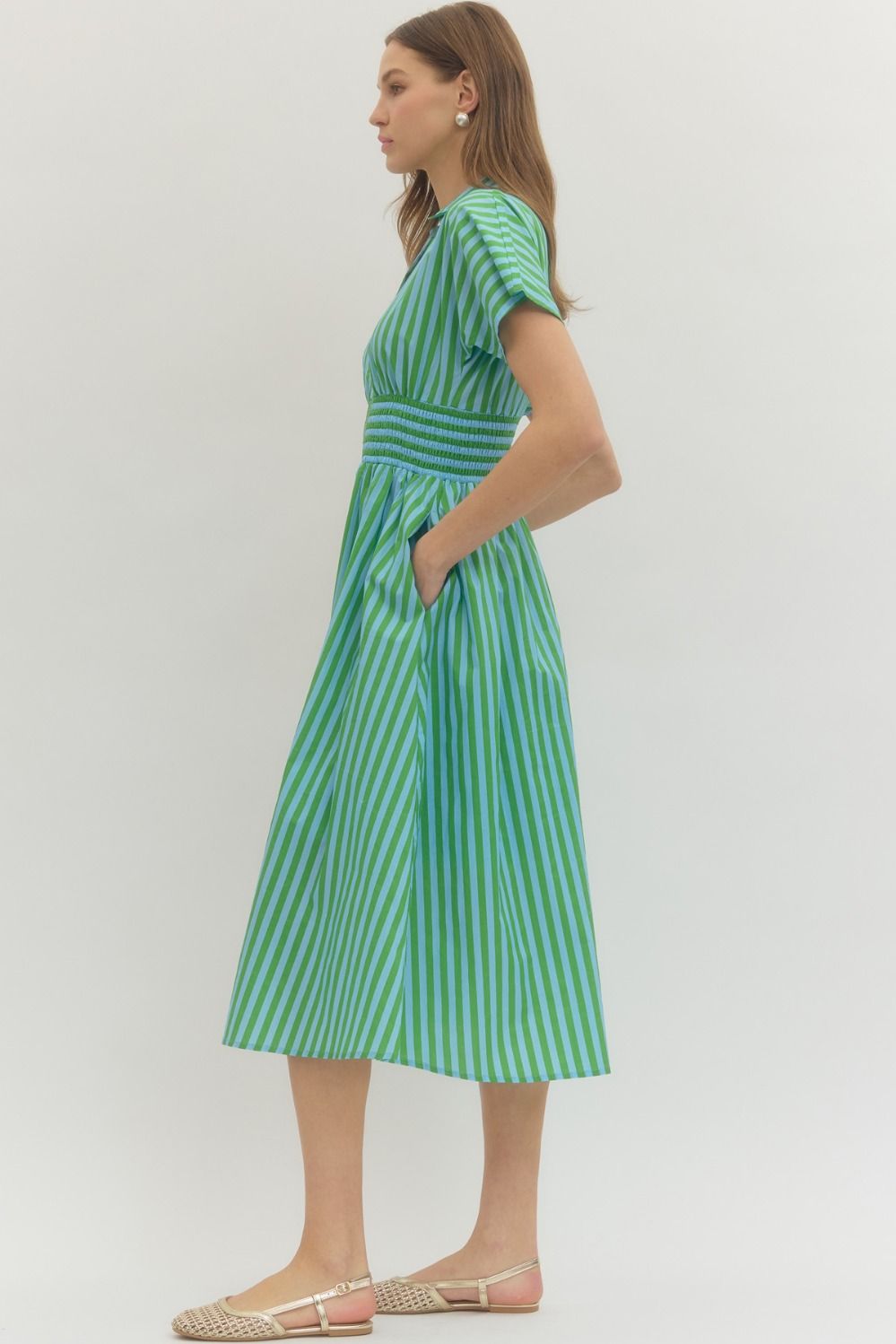 Stripe Smocked Waist Midi Dress - Lush Lemon - Women's Clothing - Entro - 83994421023037