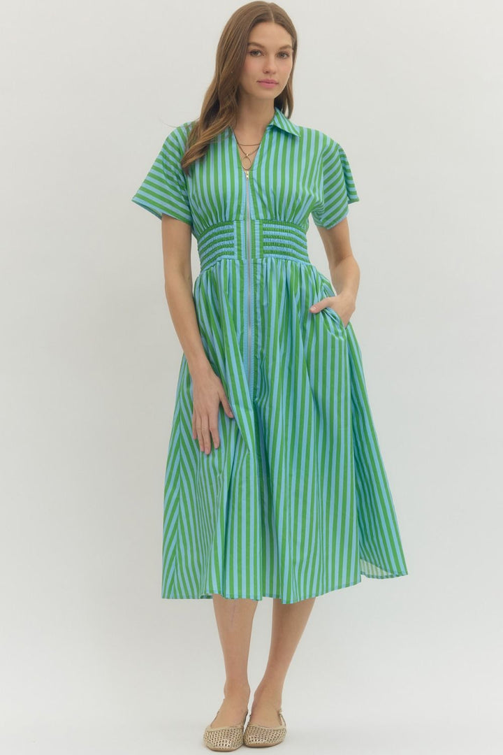 Stripe Smocked Waist Midi Dress - Lush Lemon - Women's Clothing - Entro - 83994421023037