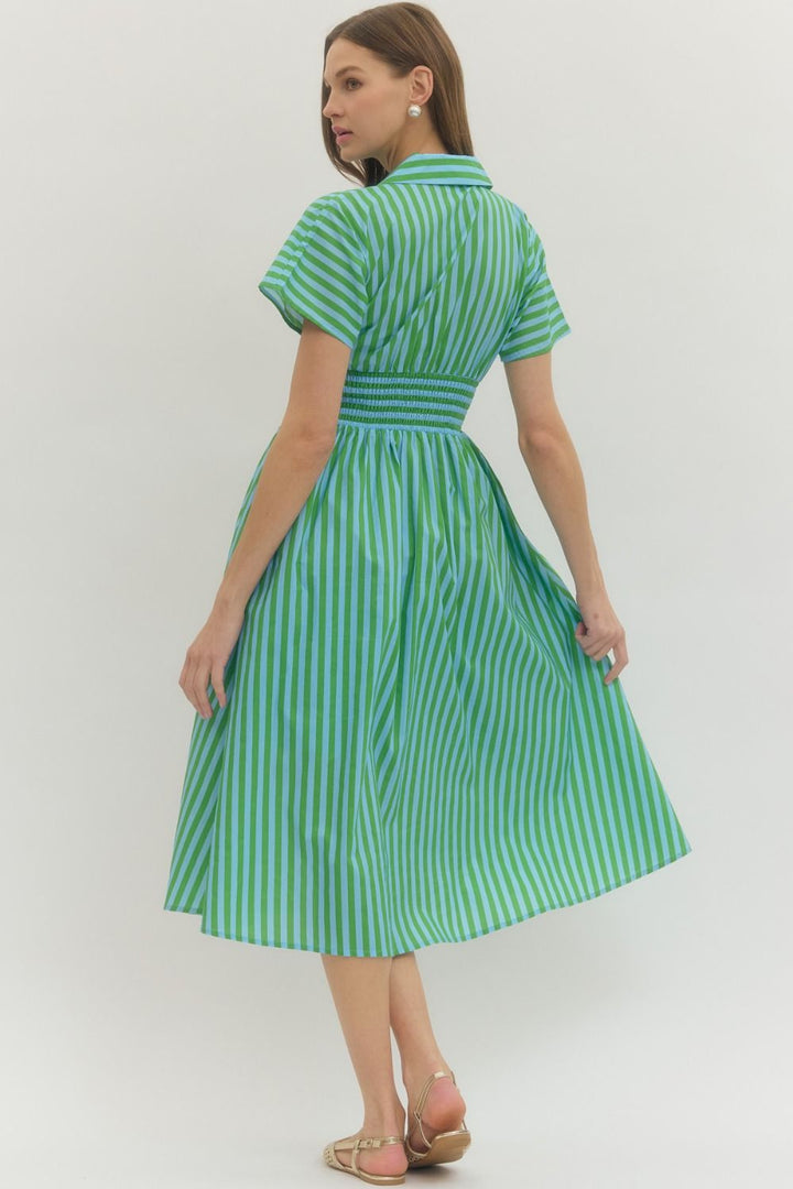Stripe Smocked Waist Midi Dress - Lush Lemon - Women's Clothing - Entro - 83994421023037