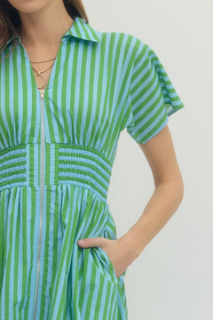 Stripe Smocked Waist Midi Dress - Lush Lemon - Women&
