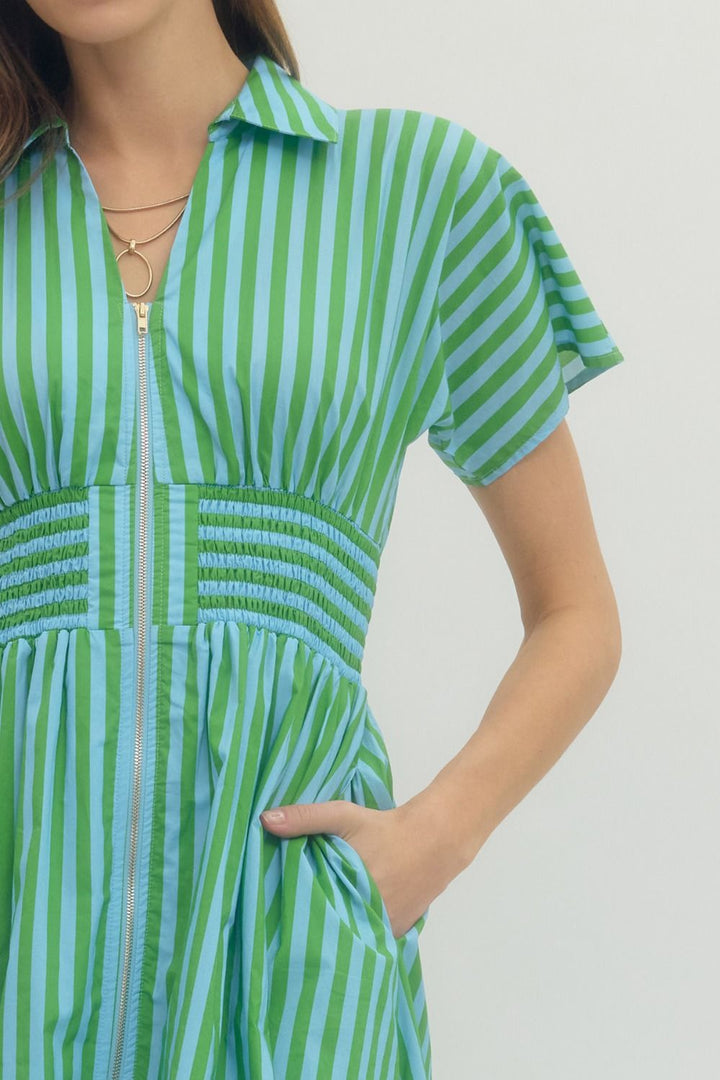Stripe Smocked Waist Midi Dress - Lush Lemon - Women's Clothing - Entro - 83994421023037