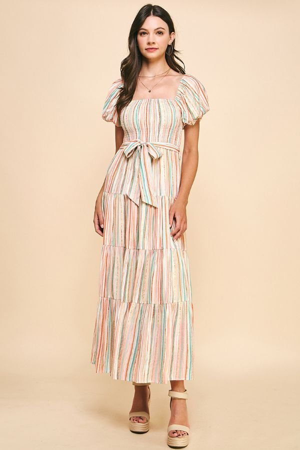 Stripe Tiered Maxi Dress W/Waist Belt - Lush Lemon - Women's Clothing - Pinch - 43122501023997