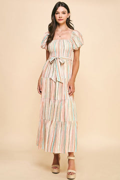 Stripe Tiered Maxi Dress W/Waist Belt - Lush Lemon - Women&