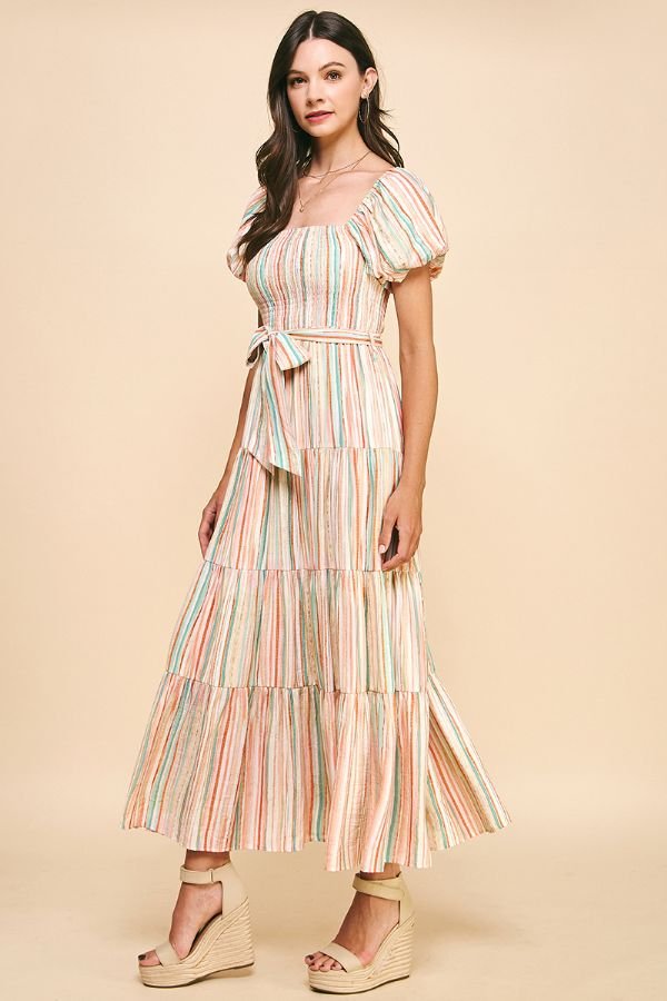 Stripe Tiered Maxi Dress W/Waist Belt - Lush Lemon - Women's Clothing - Pinch - 43122501023997