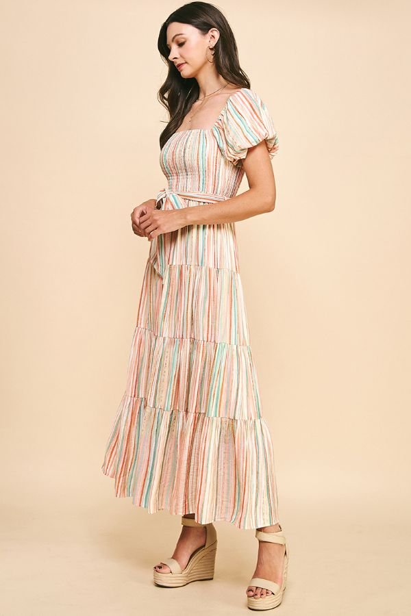 Stripe Tiered Maxi Dress W/Waist Belt - Lush Lemon - Women's Clothing - Pinch - 43122501023997