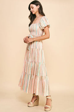 Stripe Tiered Maxi Dress W/Waist Belt - Lush Lemon - Women&