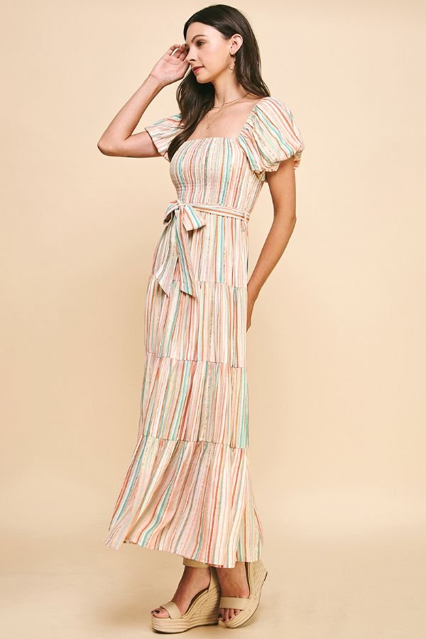 Stripe Tiered Maxi Dress W/Waist Belt - Lush Lemon - Women's Clothing - Pinch - 43122501023997