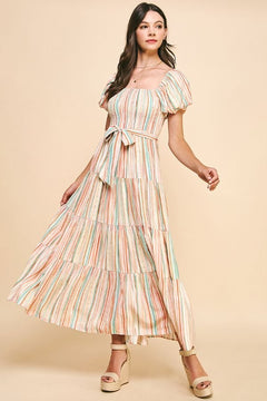 Stripe Tiered Maxi Dress W/Waist Belt - Lush Lemon - Women&