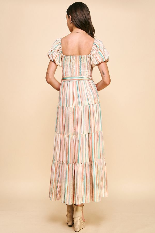 Stripe Tiered Maxi Dress W/Waist Belt - Lush Lemon - Women's Clothing - Pinch - 43122501023997