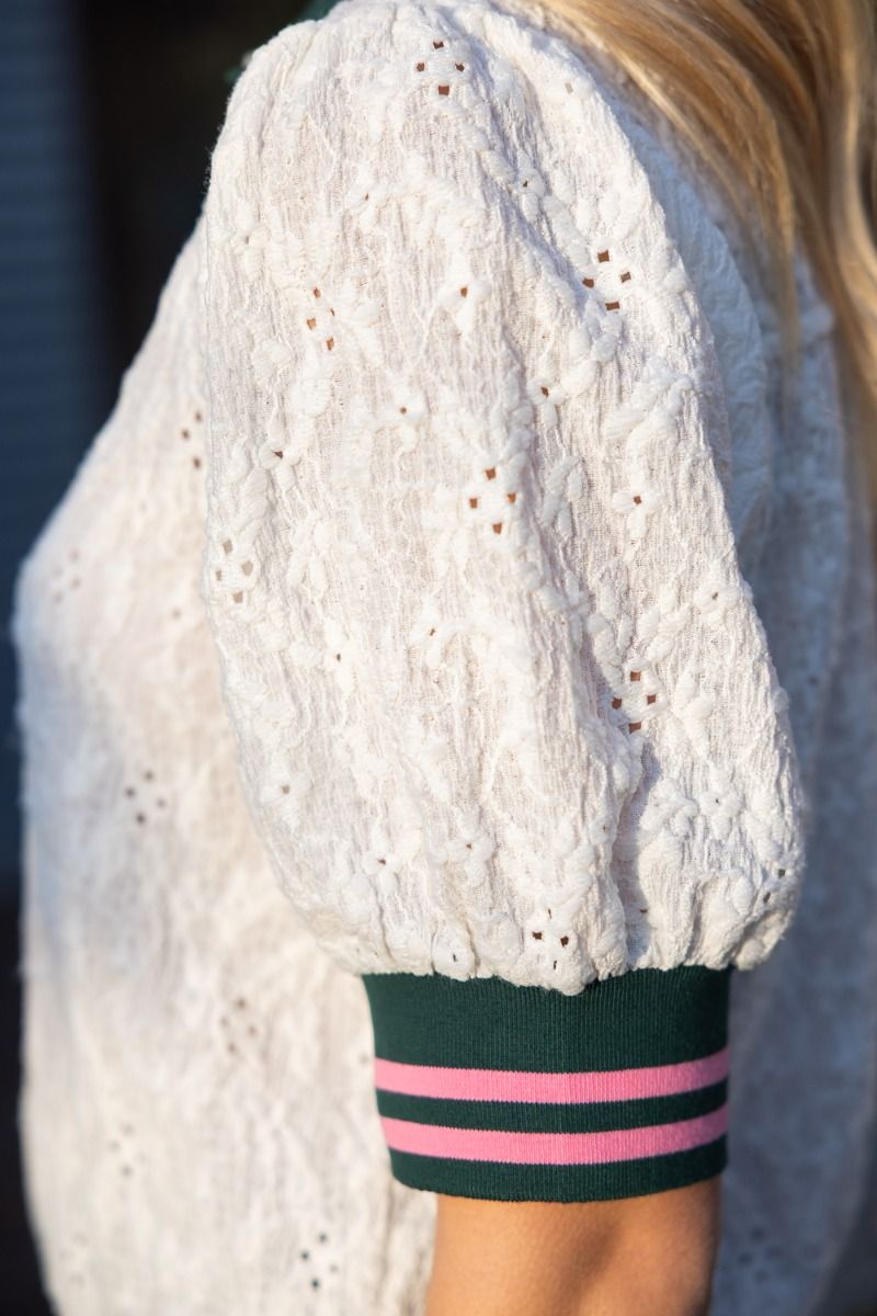 Stripe Trim Floral Eyelet Polo Top - Lush Lemon - Women's Clothing - Voy - 79186421043229