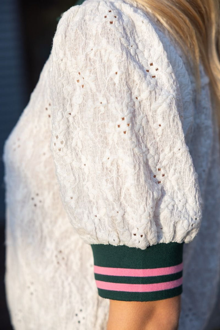 Stripe Trim Floral Eyelet Polo Top - Lush Lemon - Women's Clothing - Voy - 79186421043229