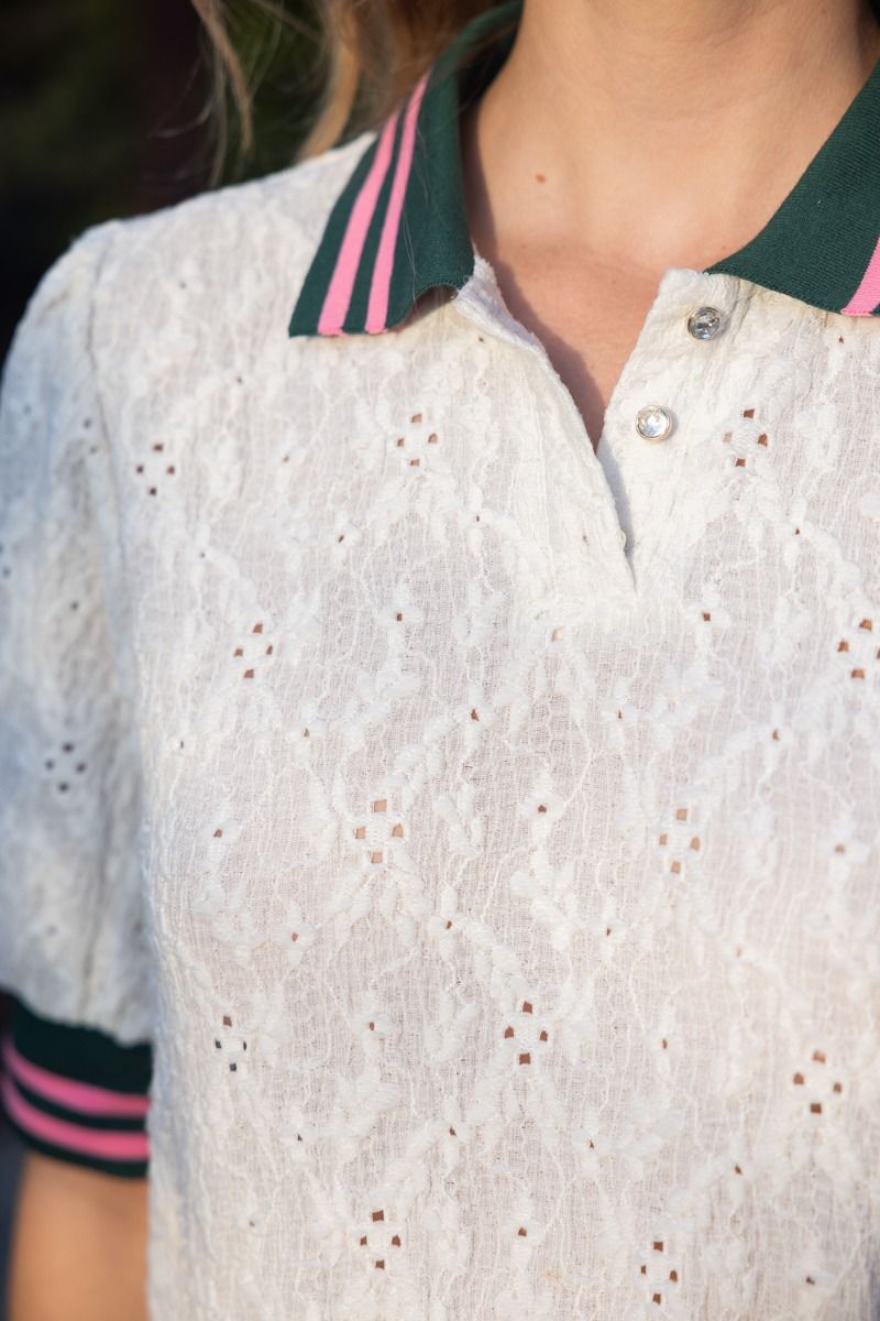 Stripe Trim Floral Eyelet Polo Top - Lush Lemon - Women's Clothing - Voy - 79186421043229