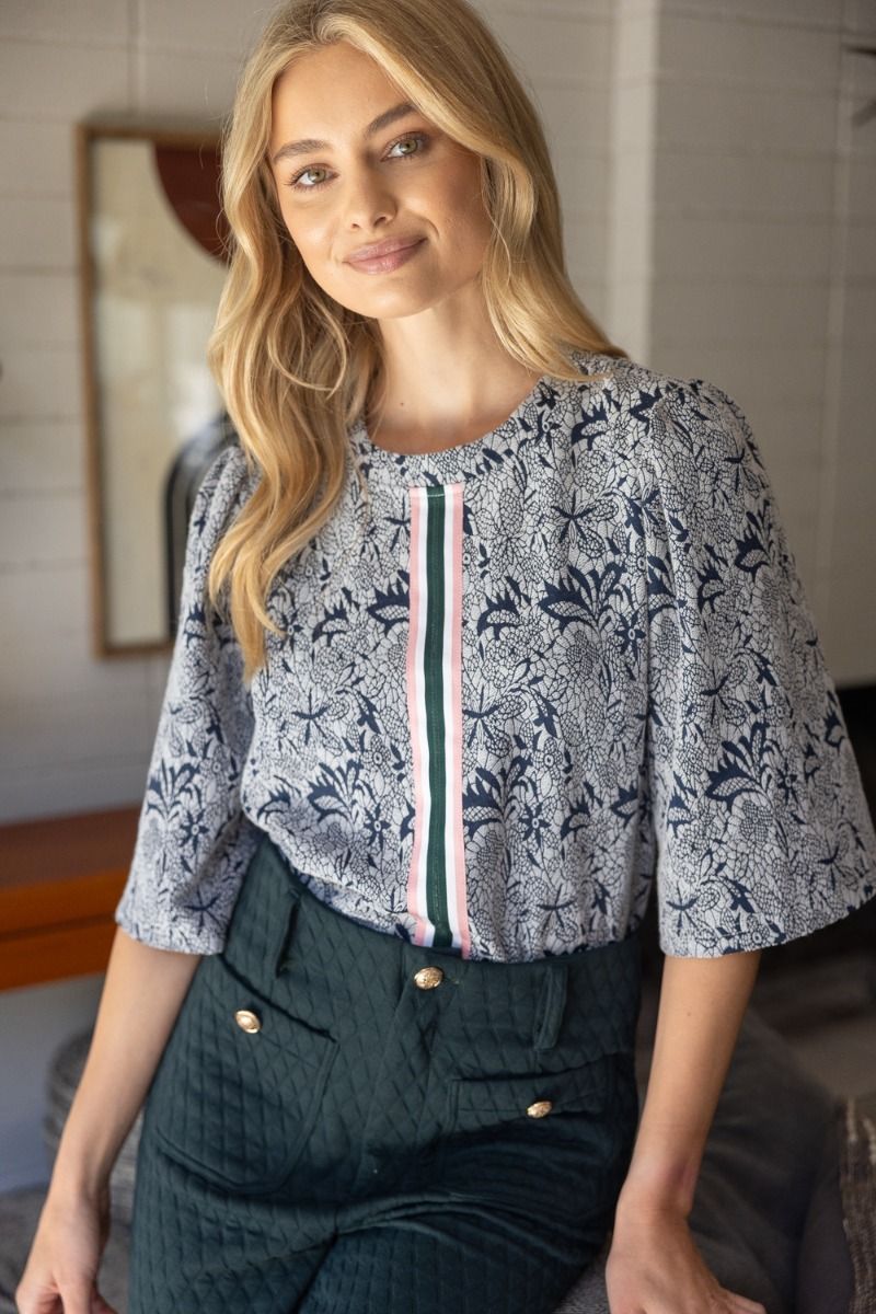 Stripe Trim Floral Half Sleeve Top - Lush Lemon - Women's Clothing - Voy - 14545701000637