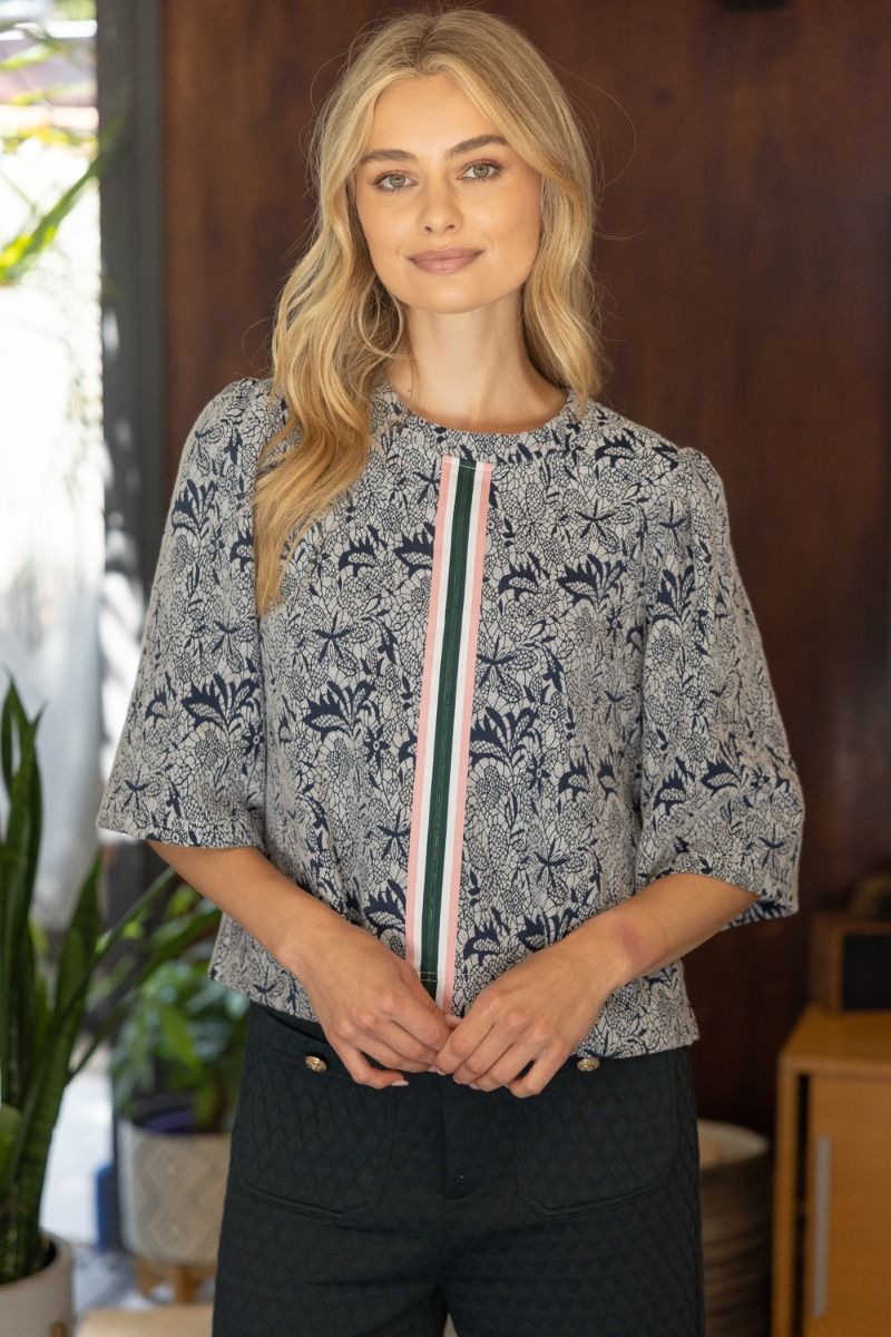Stripe Trim Floral Half Sleeve Top - Lush Lemon - Women's Clothing - Voy - 14545701000637
